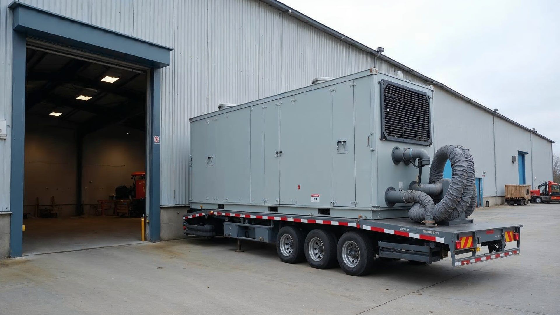 Chiller industrial de alquiler sobre remolque conectado a planta industrial con mangueras flexibles