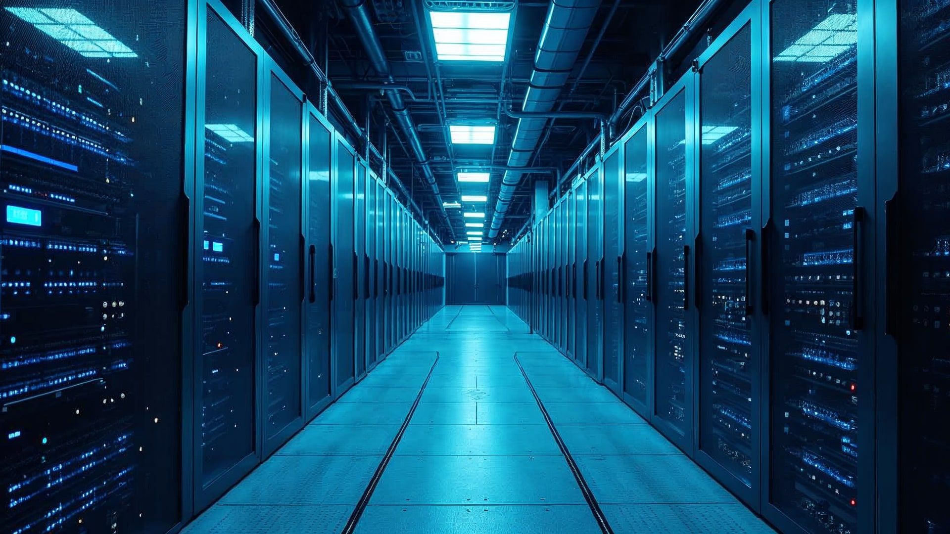 Sala de servidores con unidades de cooling crítico CRAH y pasillos fríos iluminados en data center industrial