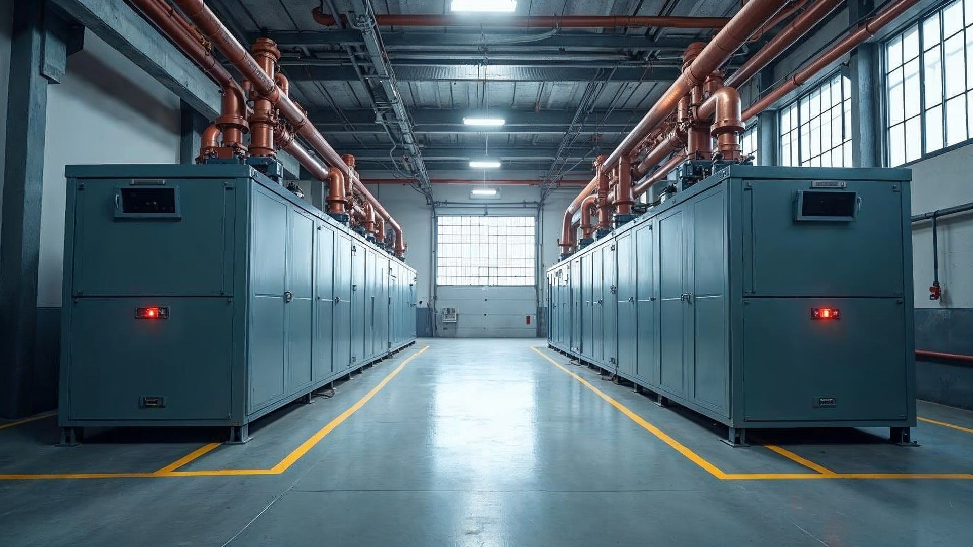 Sala de máquinas con chillers industriales y unidades de tratamiento de aire UTA en planta logística