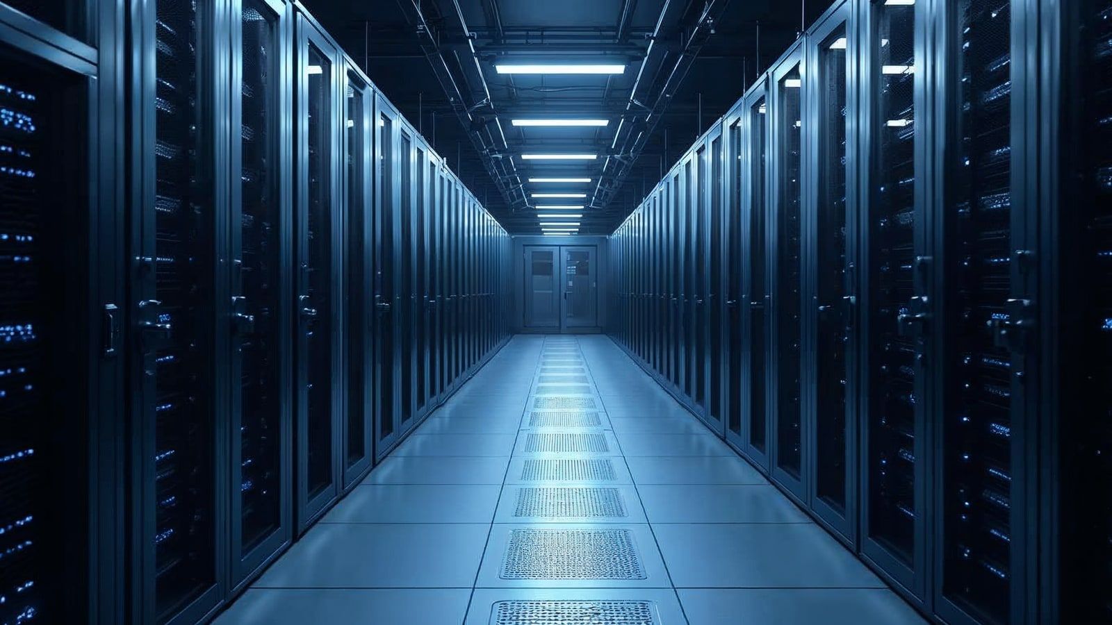 Pasillo frío de data center con racks de servidores alineados y unidades CRAH
