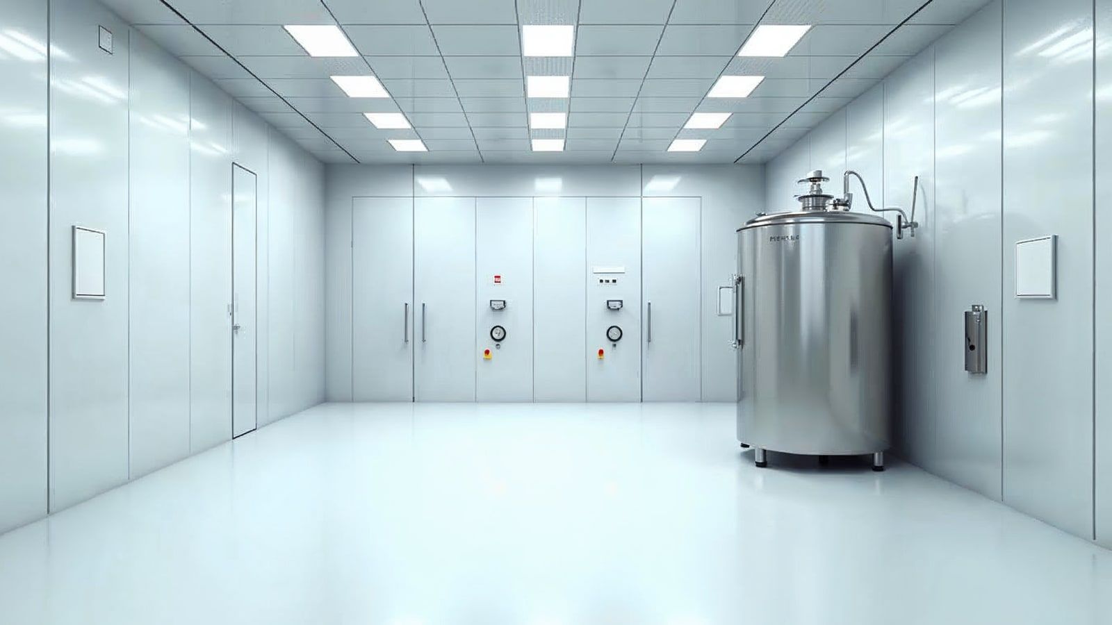 Sala blanca industrial con techo HEPA, panel sanitario y depósito de acero inoxidable