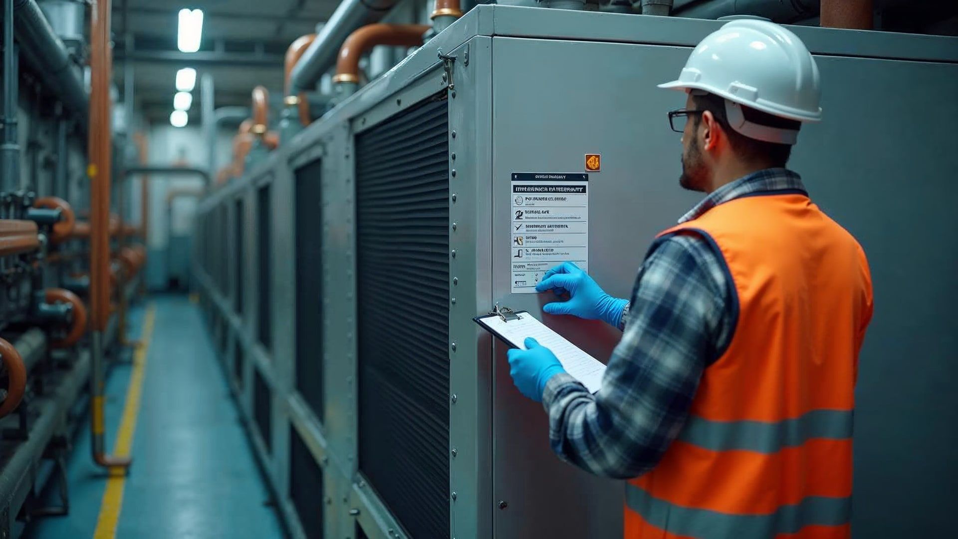 Técnico de mantenimiento HVAC inspeccionando placas de identificación de refrigerantes y registros F-Gas en equipo industrial