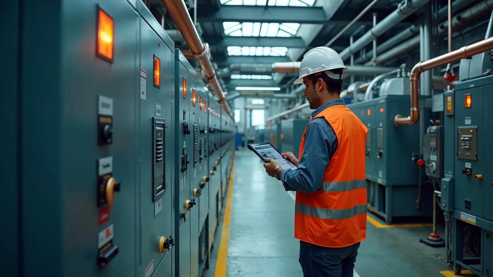 Inspector con tablet, EPI y casco revisando placa identificativa de chiller industrial en sala de máquinas