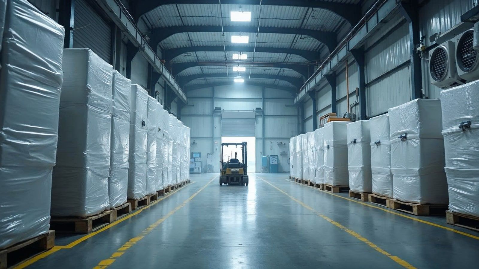 Almacén frigorífico industrial con pallets, evaporadores y estructura metálica con escarcha