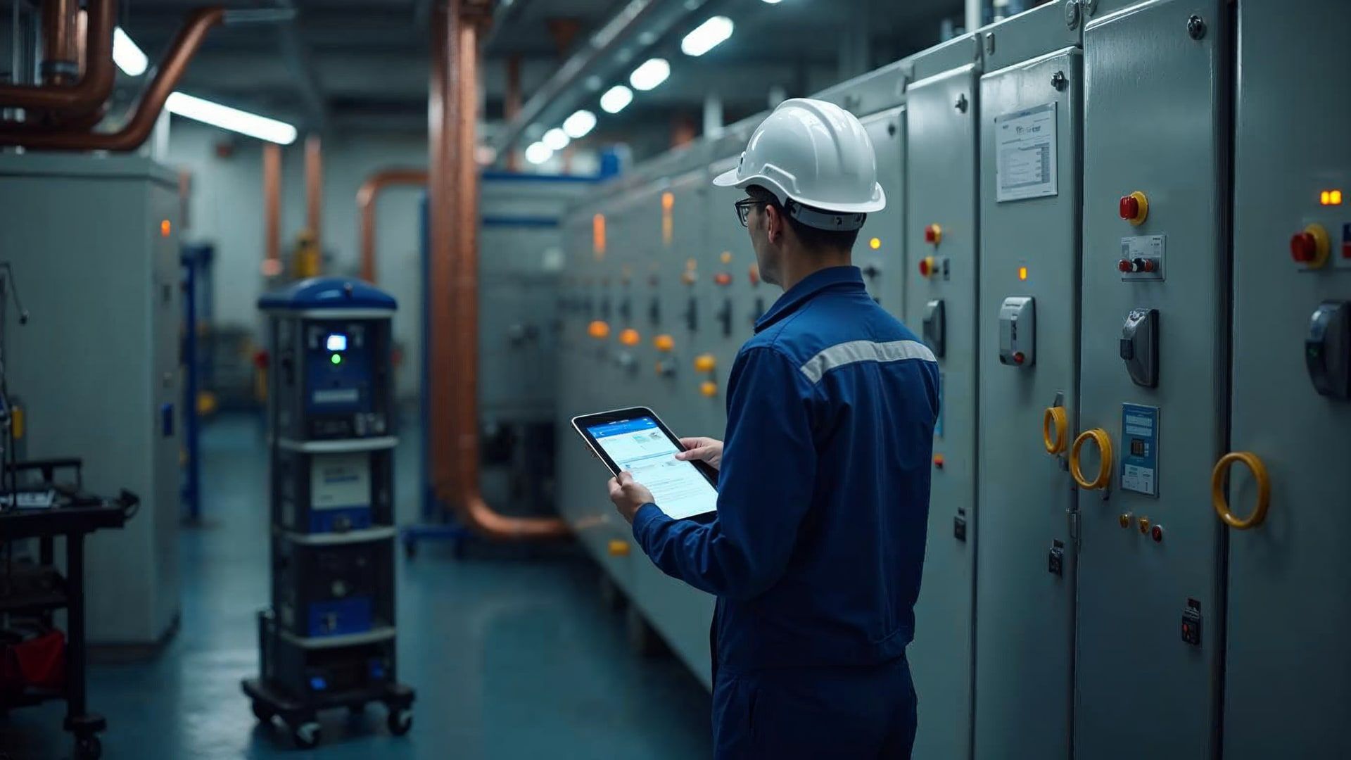 Técnico de mantenimiento HVAC industrial con tablet y EPI revisando placa de chiller en sala de máquinas