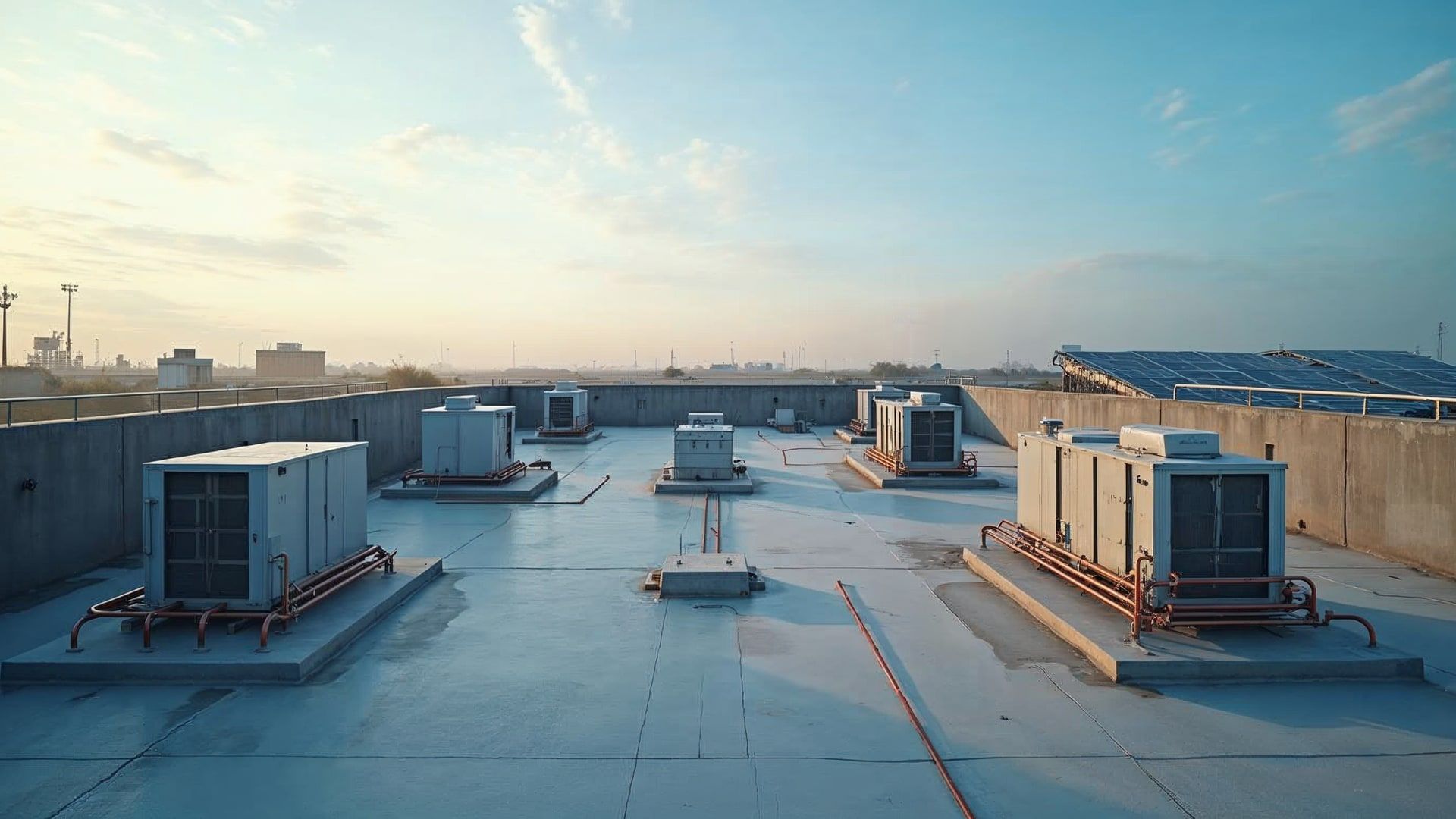 Vista de planta industrial española en renovación HVAC con chillers nuevos sobre cubierta y ductos visibles