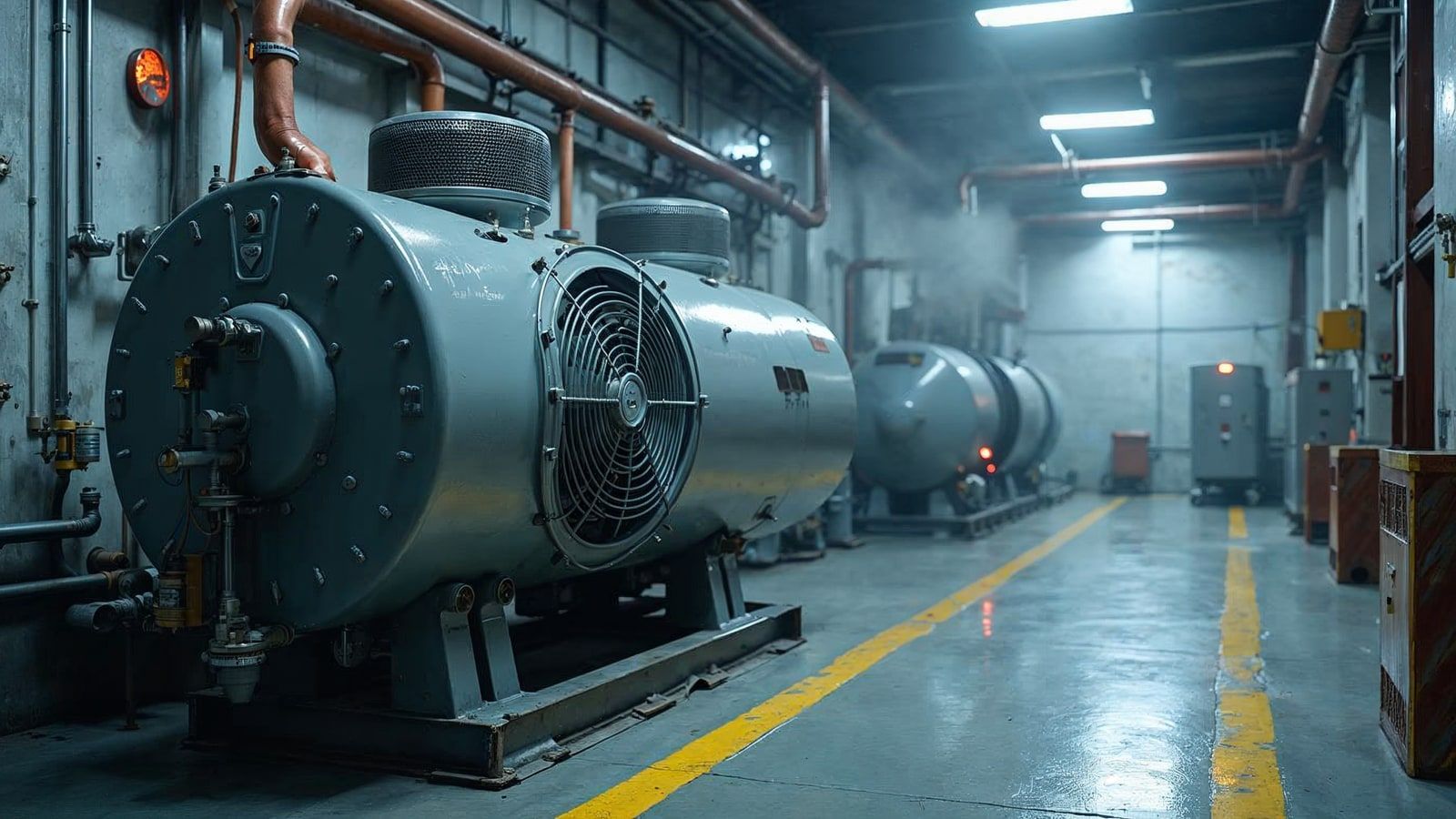 Sala de máquinas industrial con bomba de calor de alta potencia, intercambiador y depósito buffer