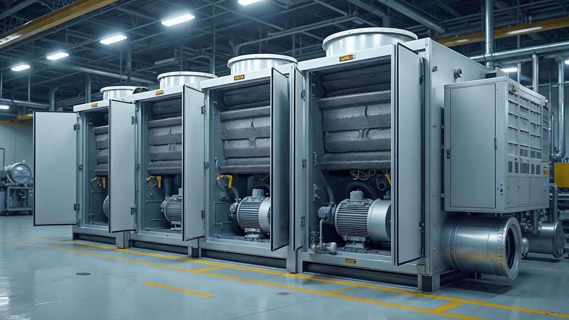 Sala de máquinas industrial con unidad de tratamiento de aire (UTA) modular y conductos aislados visibles
