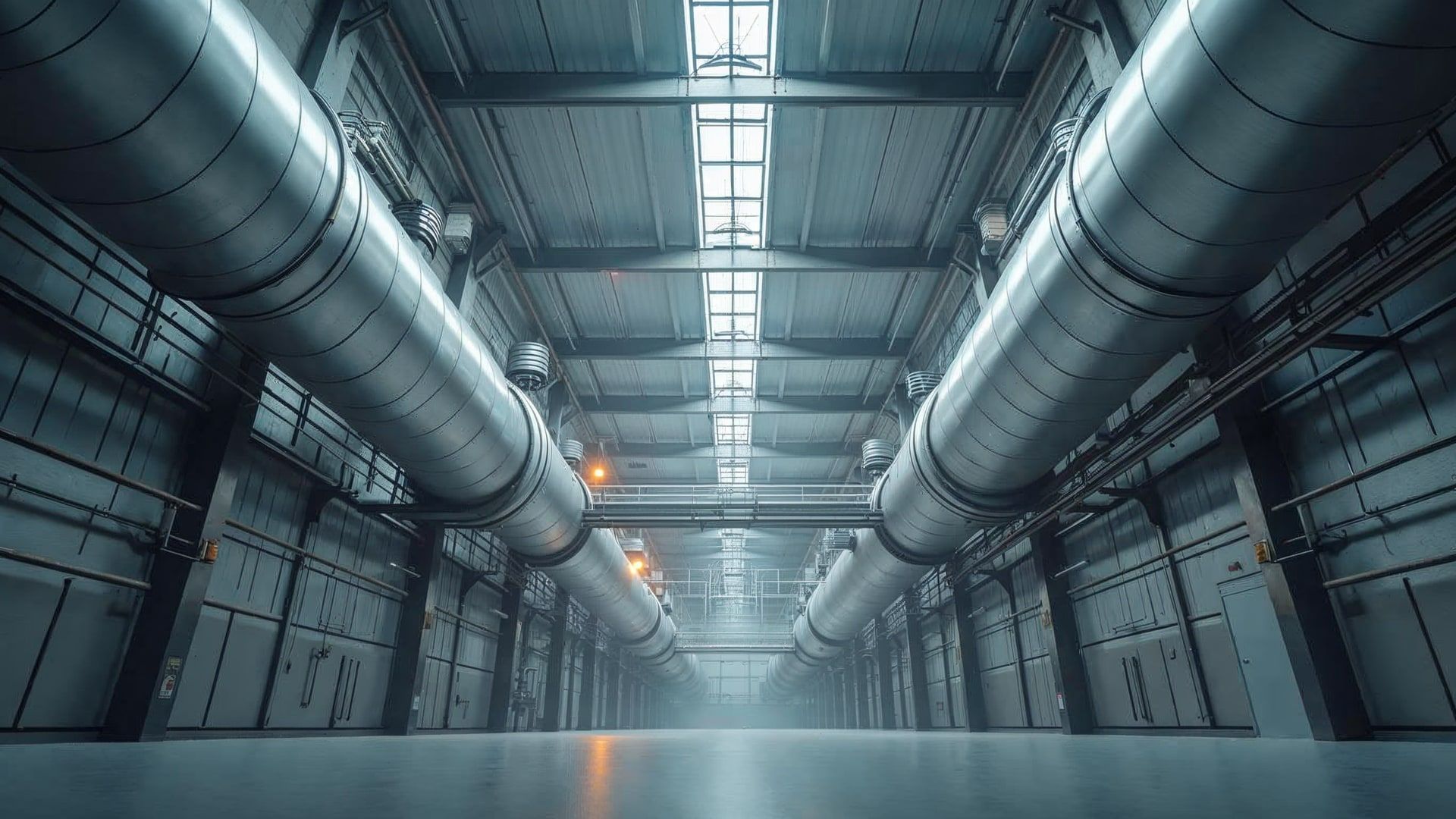Conductos de ventilación industrial de gran diámetro con extractores en cubierta de nave logística